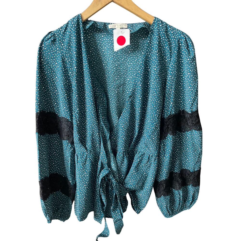 Promesa Teal Printed Wrap Blouse w/ Black Lace Sleeve Detail Size Small